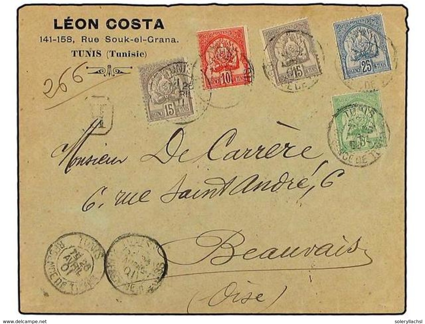2409 TUNEZ. 1901(April 26). Registered Triple Rate Cover To France With <B>70c</B> Rate (postage 45c + 25c Registration) - Other & Unclassified