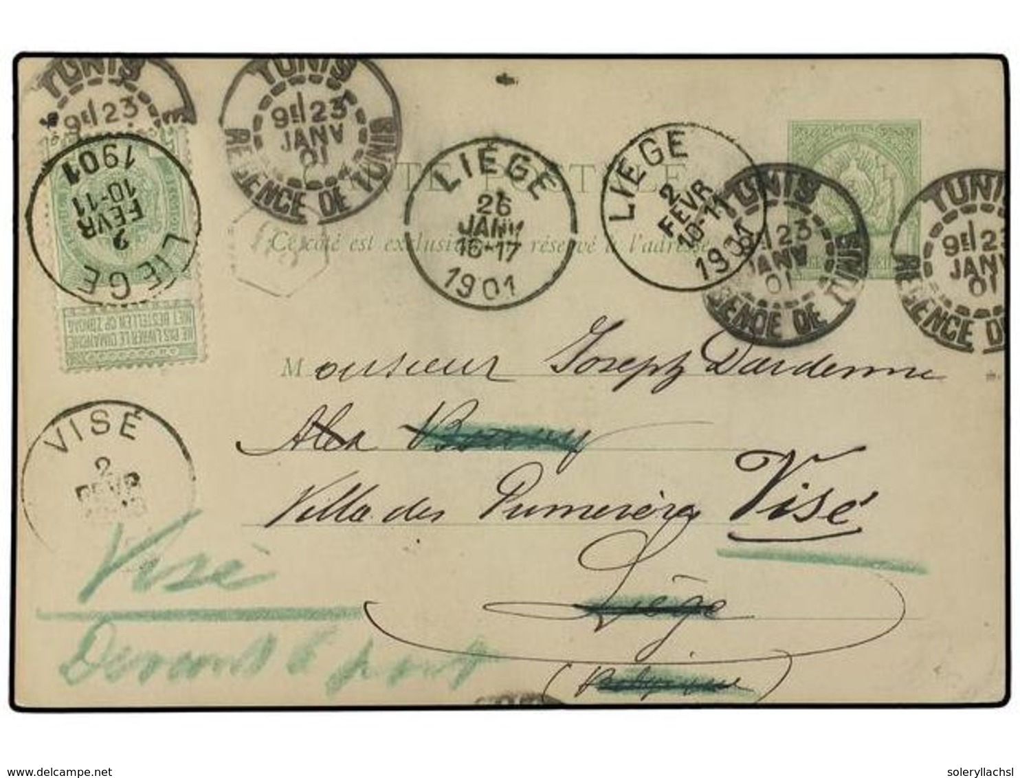 2410 TUNEZ. 1901 (Jan 23). <B>5c</B>. Green Postal Stationery Card Used From Tunis To Liege, Readdressed (Feb 10) On Arr - Sonstige & Ohne Zuordnung