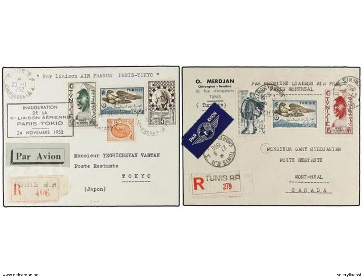 2415 TUNEZ. 1950-52. Dos Cartas Circuladas Por Correo Aéreo En Los Primeros Vuelos <B>PARIS-MONTREAL</B> Y <B>PARÍS-TOKI - Sonstige & Ohne Zuordnung