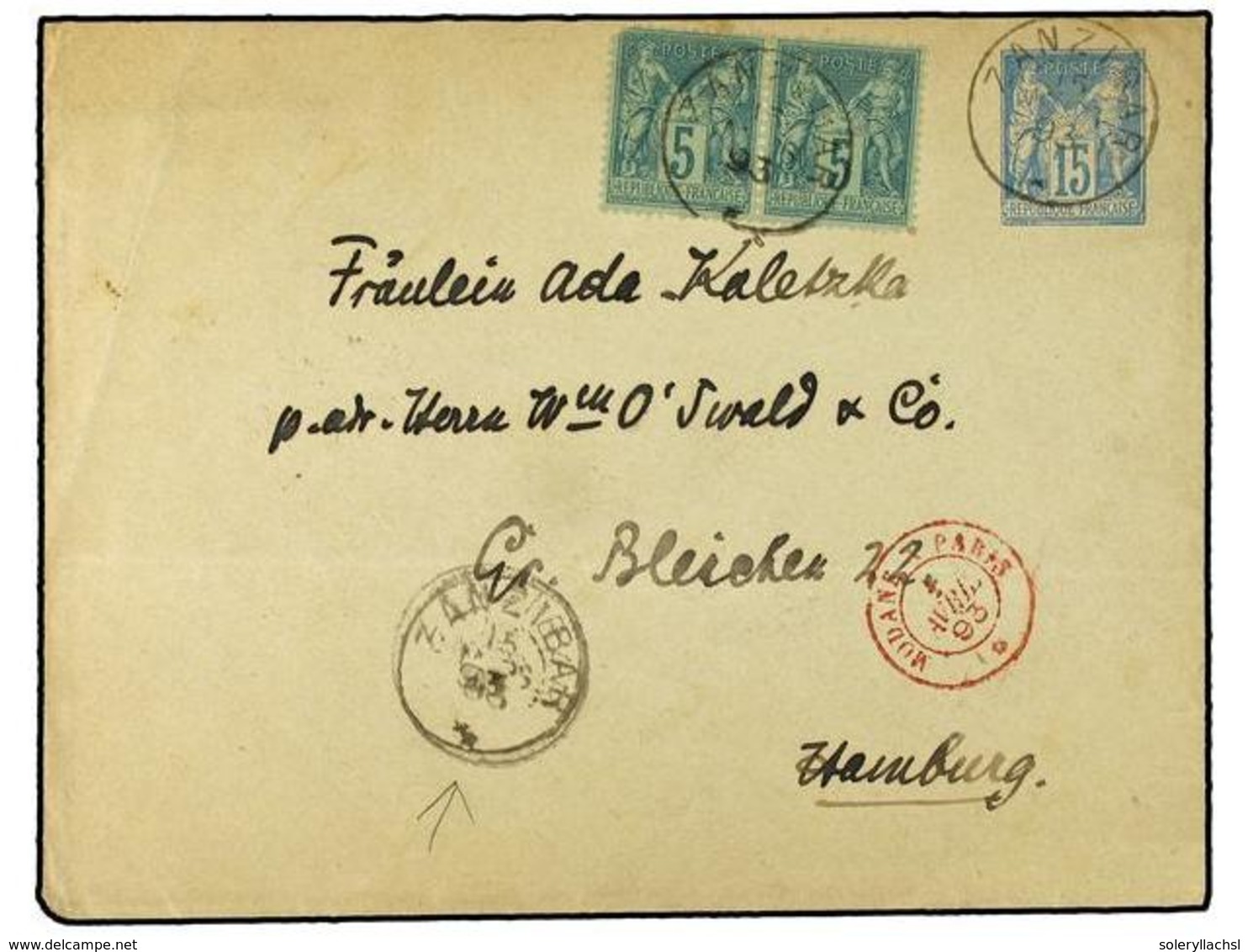 2416 ZANZIBAR. 1893. <B>15c.</B> 'Sage' Postal Stationery Envelope Of France Uprated Pair <B>5c</B>., Cancelled Cds And  - Other & Unclassified