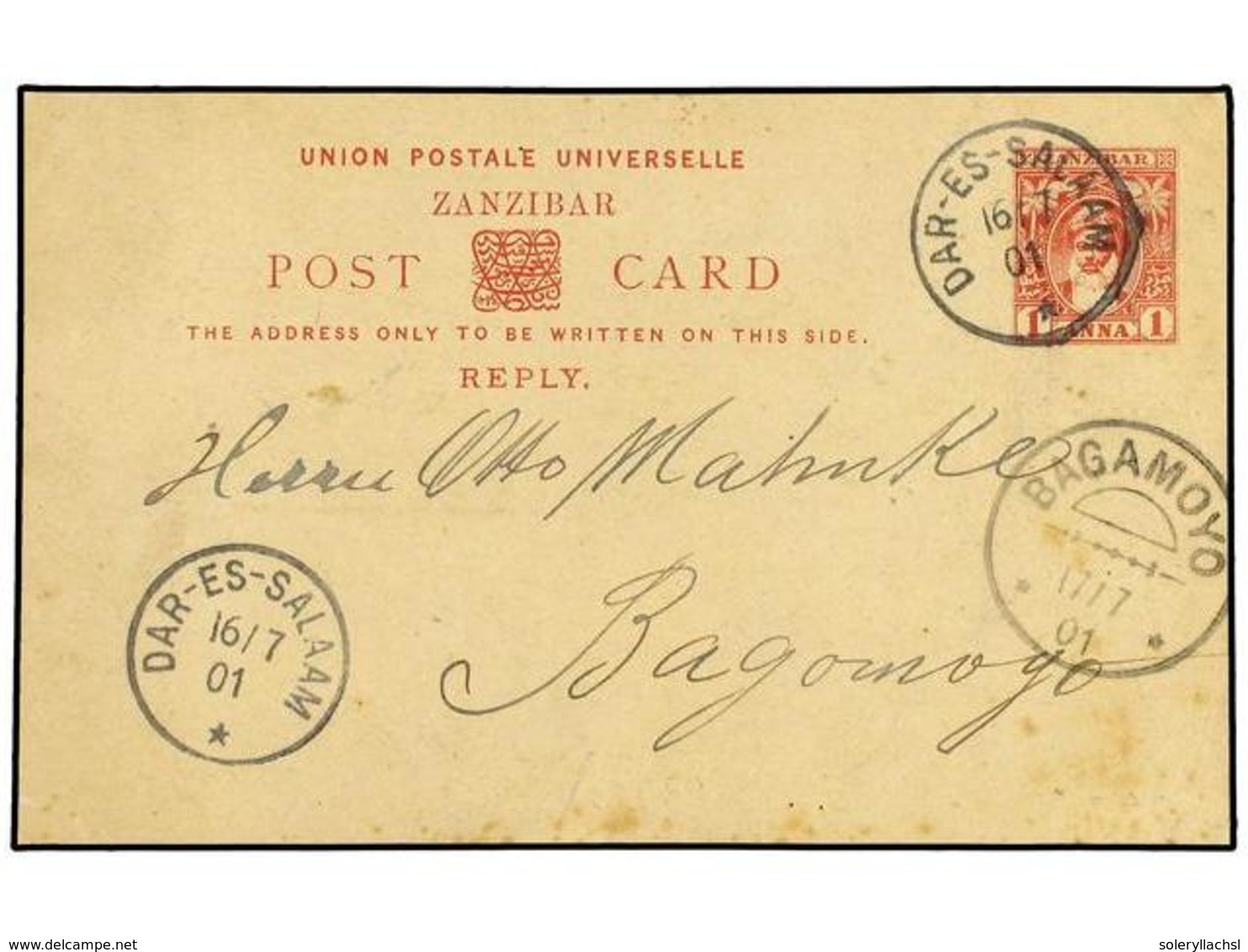 2419 ZANZIBAR. 1901 ((July 16). <B>1a.</B> Red On Buff Postal Stationery Card Used To BAGAMOYO, Unusually Cancelled By < - Sonstige & Ohne Zuordnung