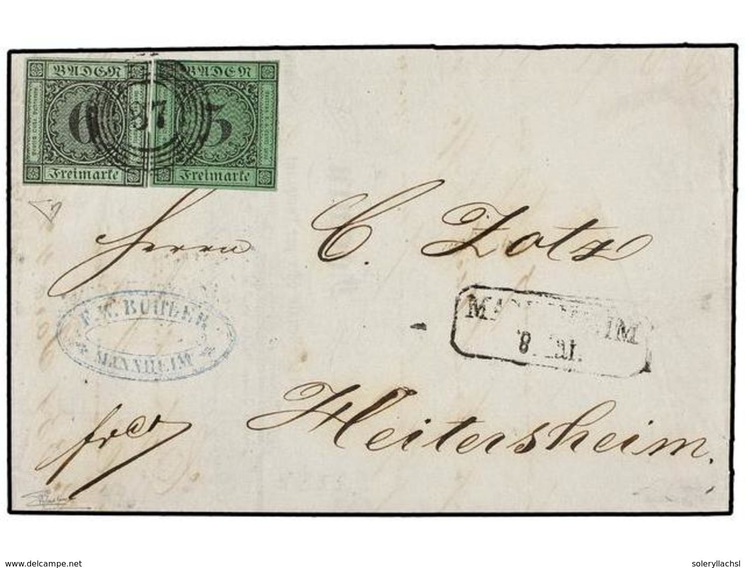 2421 ALEMANIA ANTIGUOS ESTADOS: BADEN. 1855. MANNHEIM To HEITERSHEIM.<B> 3 Kr.</B> Black On Green And <B>6 Kr.</B> Black - Other & Unclassified