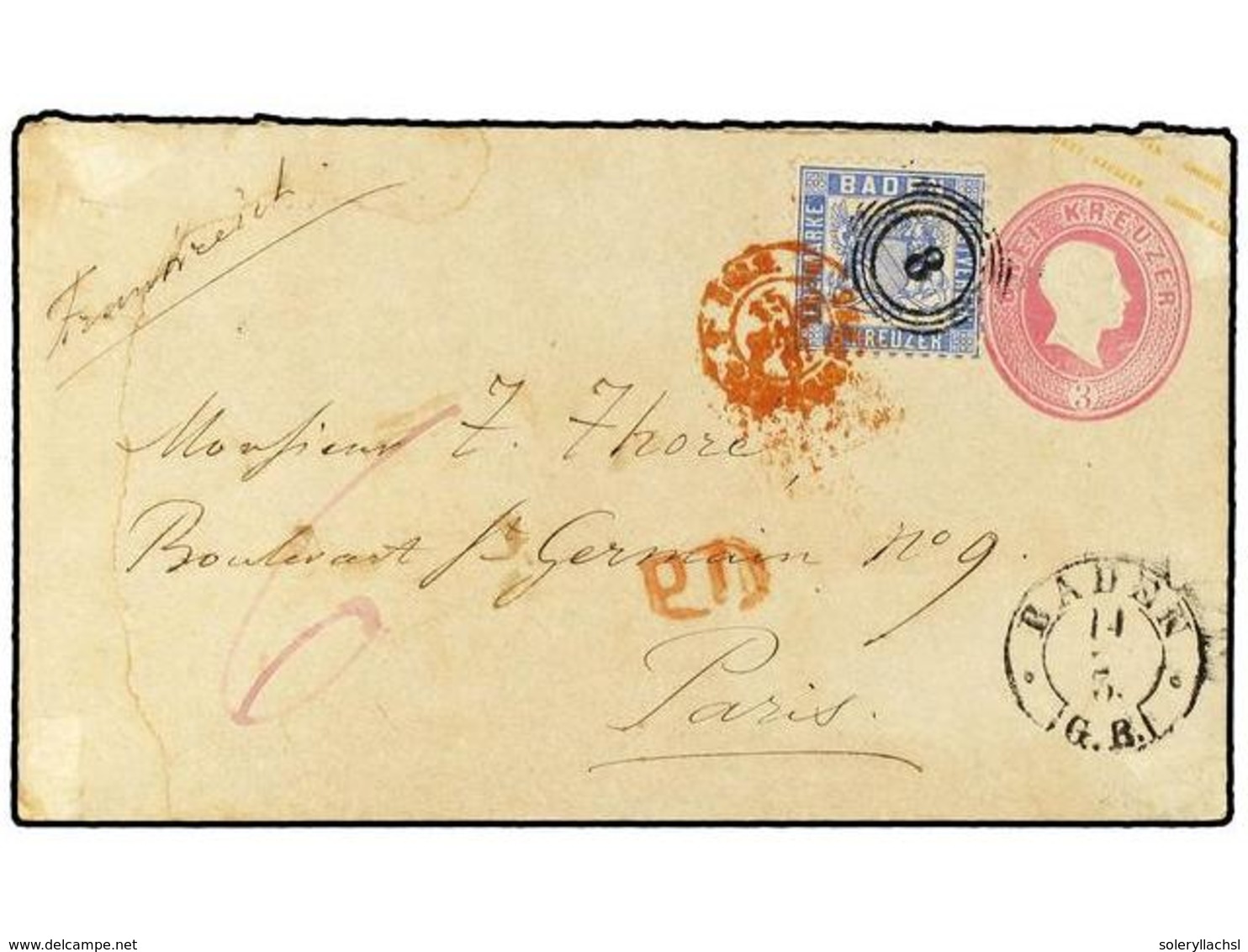 2422 ALEMANIA ANTIGUOS ESTADOS: BADEN. 1866. <B>3Kr </B>pale Rose On Buff Stationery Envelope Used To PARIS Franked Addi - Sonstige & Ohne Zuordnung