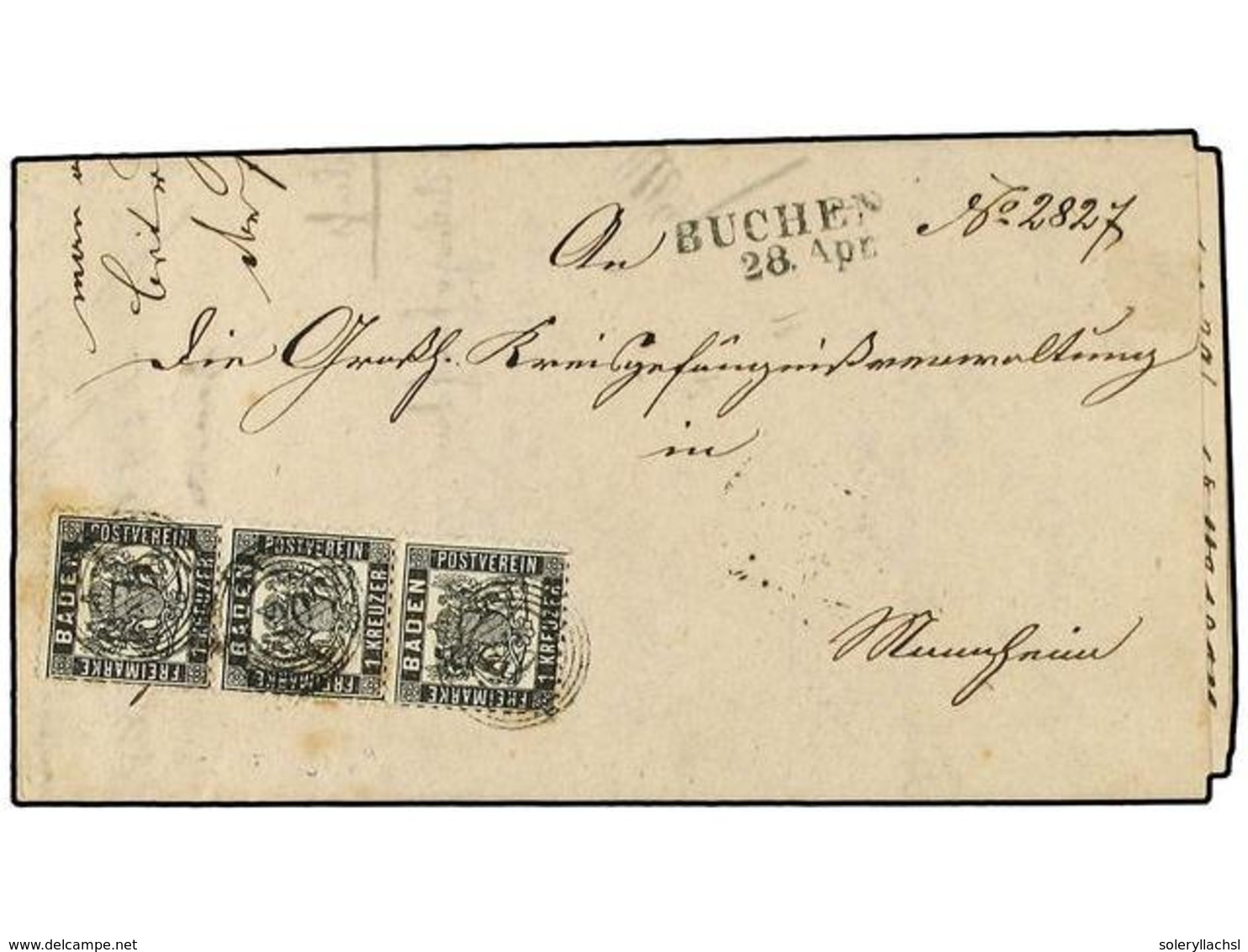 2424 ALEMANIA ANTIGUOS ESTADOS: BADEN. 1868 (April 28). Entire Letter To Mannheim Franked By Vertical Strip Of Three <B> - Sonstige & Ohne Zuordnung