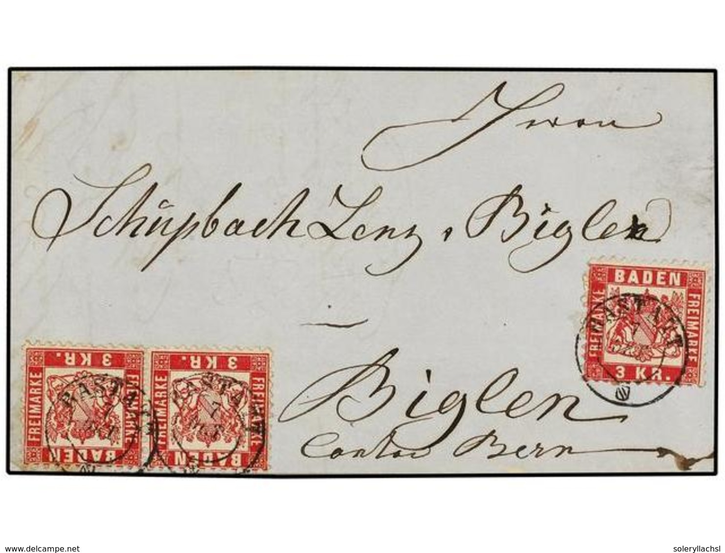 2425 ALEMANIA ANTIGUOS ESTADOS: BADEN. Mi.24 (3). 1870. BASSTATT To BIGLEN (Switzerland).<B> 3 Kr.</B> Red (3). FINE. - Sonstige & Ohne Zuordnung