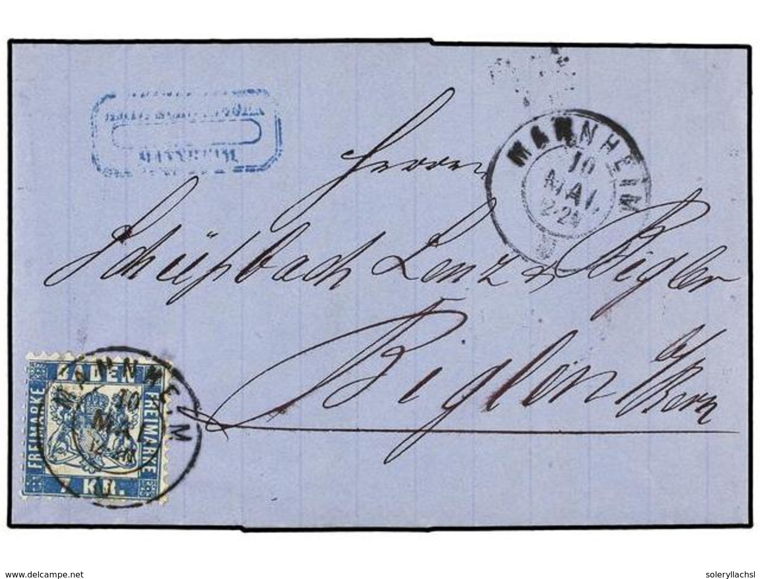 2427 ALEMANIA ANTIGUOS ESTADOS: BADEN. Mi.25a. 1870. MANNHEIM To BIGLEN (Switzerland). <B>7 Kr.</B> Blue. FINE. - Sonstige & Ohne Zuordnung