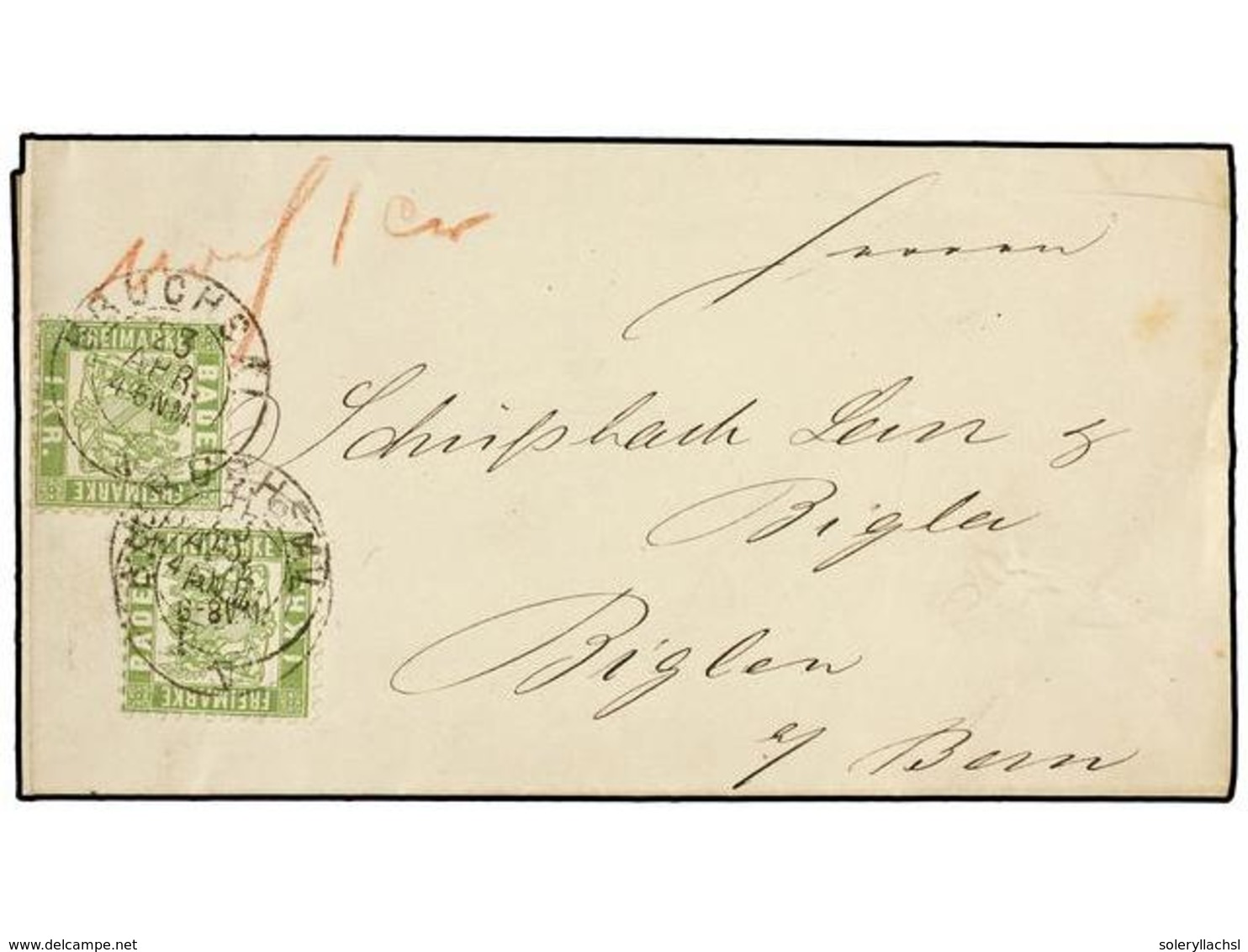 2428 ALEMANIA ANTIGUOS ESTADOS: BADEN. Mi.23 (2). 1871. BRUCHSAL To BIGLEN (Switzerland).<B>1 Kr.</B> Green (2). <B>PRIN - Autres & Non Classés