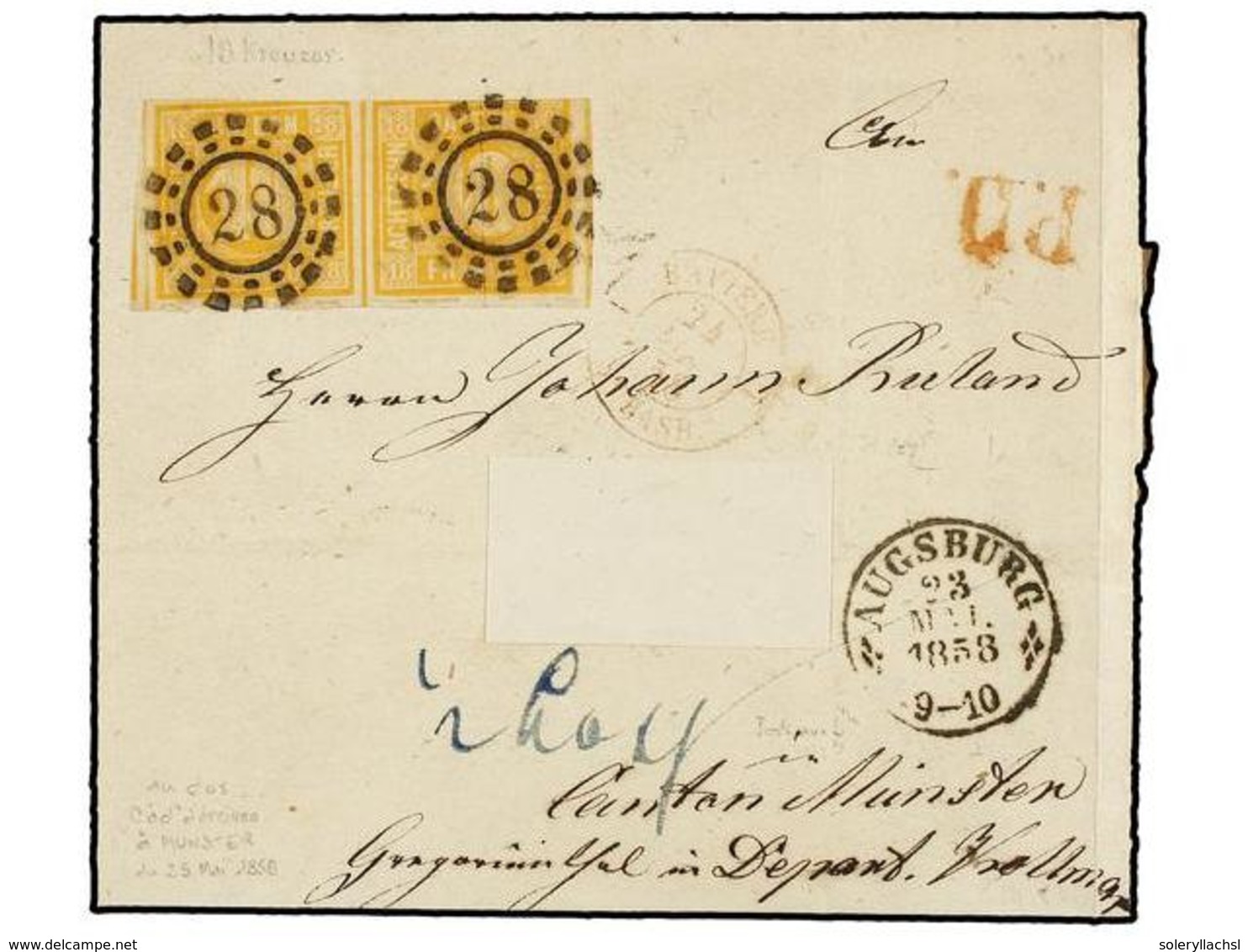 2430 ALEMANIA ANTIGUOS ESTADOS: BAVIERA. 1858 (May 25). Cover To MUNSTER (France) Bearing 1854 Pair Of <B>18 Kr.</B> Yel - Other & Unclassified