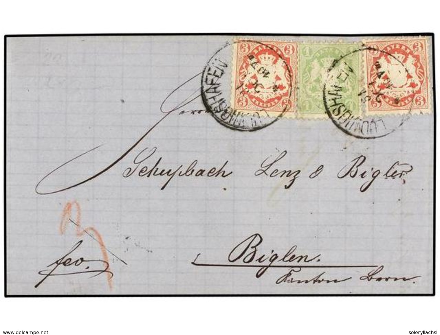 2433 ALEMANIA ANTIGUOS ESTADOS: BAVIERA. Mi.22, 23 (2). 1871. LUDWIGSHAFEN To BIGLEN (Switzerland). <B>1 Kr.</B> Green A - Sonstige & Ohne Zuordnung