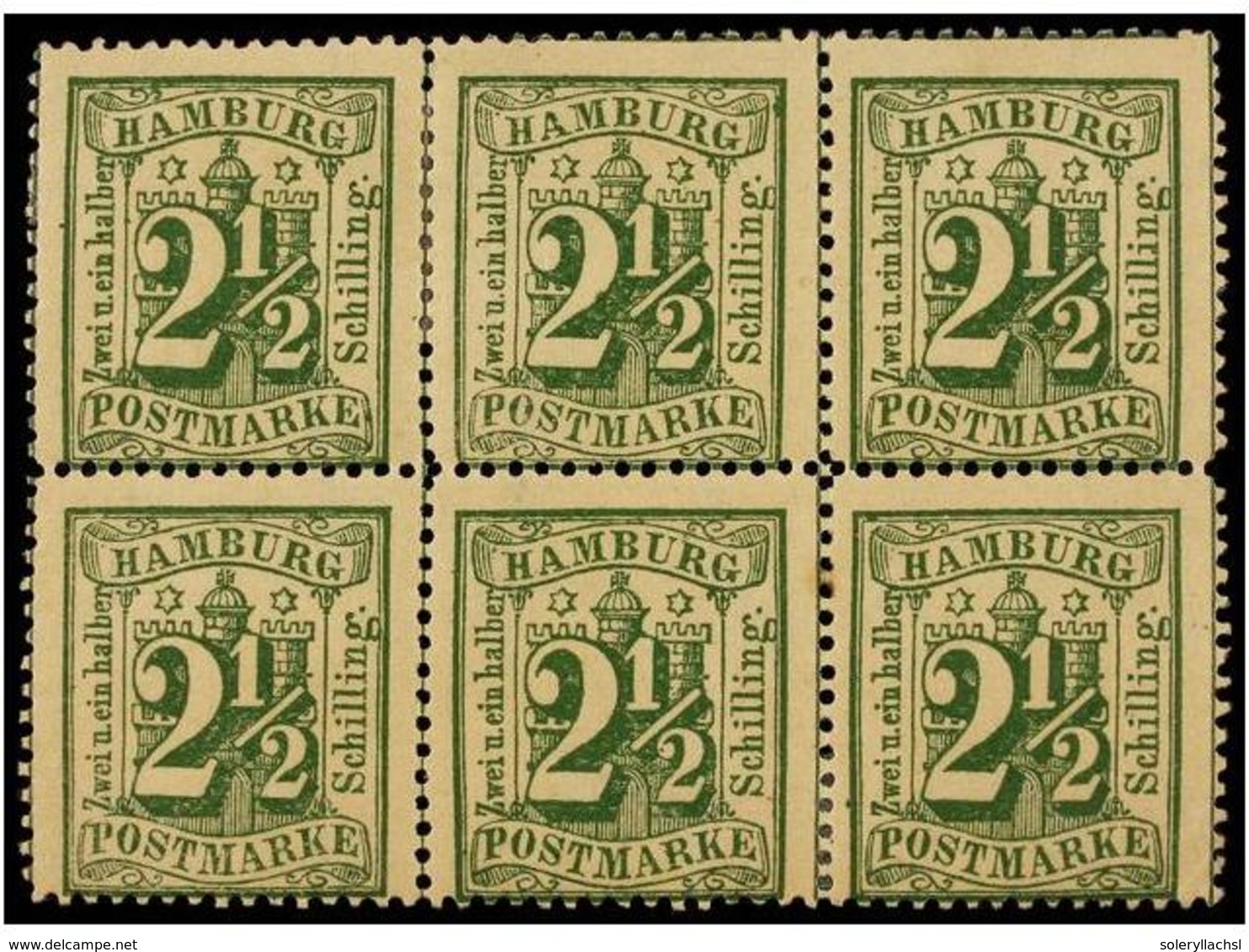 2449 **/* ALEMANIA ANTIGUOS ESTADOS: HAMBURGO. Mi.14II (6). 1866. <B>2 1/2 S.</B> Green. Block Of Six, Original Gum (2 N - Sonstige & Ohne Zuordnung