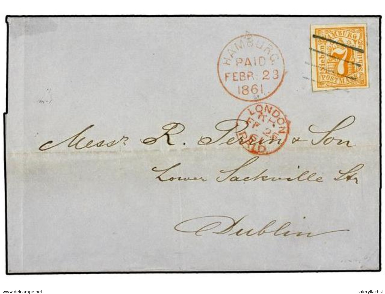 2450 ALEMANIA ANTIGUOS ESTADOS: HAMBURGO. Mi.6. 1861 (Feb 23). Cover To DUBLIN Franked By Fine Imperforate 1859 <B>7sch. - Andere & Zonder Classificatie