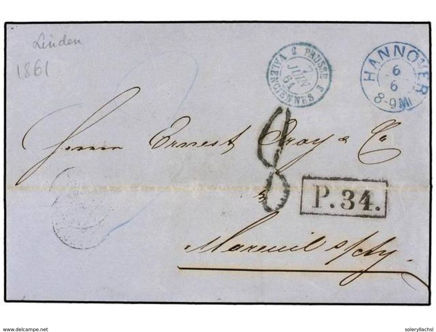 2455 ALEMANIA ANTIGUOS ESTADOS: HANNOVER. 1861. LINDEN To FRANCE. <B>HANNOVER</B> Blue Cds And <B>P.34</B> Entry Mark (V - Other & Unclassified