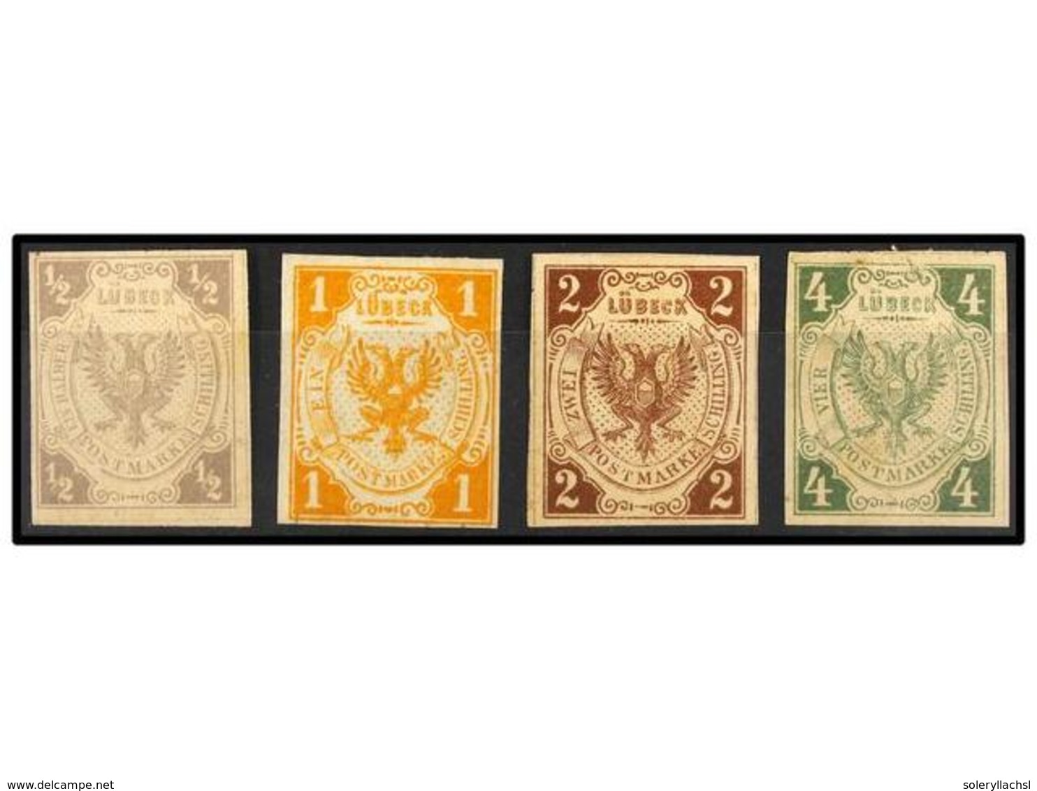 2457 * ALEMANIA ANTIGUOS ESTADOS: LUBECK. Mi.1ND, 2ND, 3ND, 5ND. 1872. <B>REPRINTS. 1/2 S. </B>lilac, <B>1 S. </B>yellow - Other & Unclassified