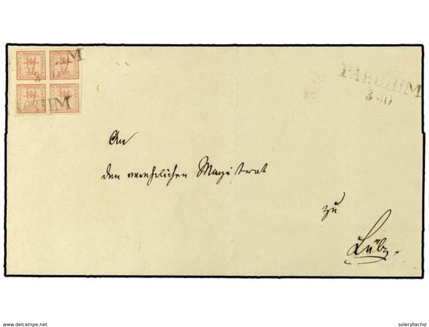 2458 ALEMANIA ANTIGUOS ESTADOS: MECKLEMBURGO-SCHWERIN. 1857 (Oct 3). Cover To LUBECK Franked By 1856 Imperforate <B>1/4  - Sonstige & Ohne Zuordnung