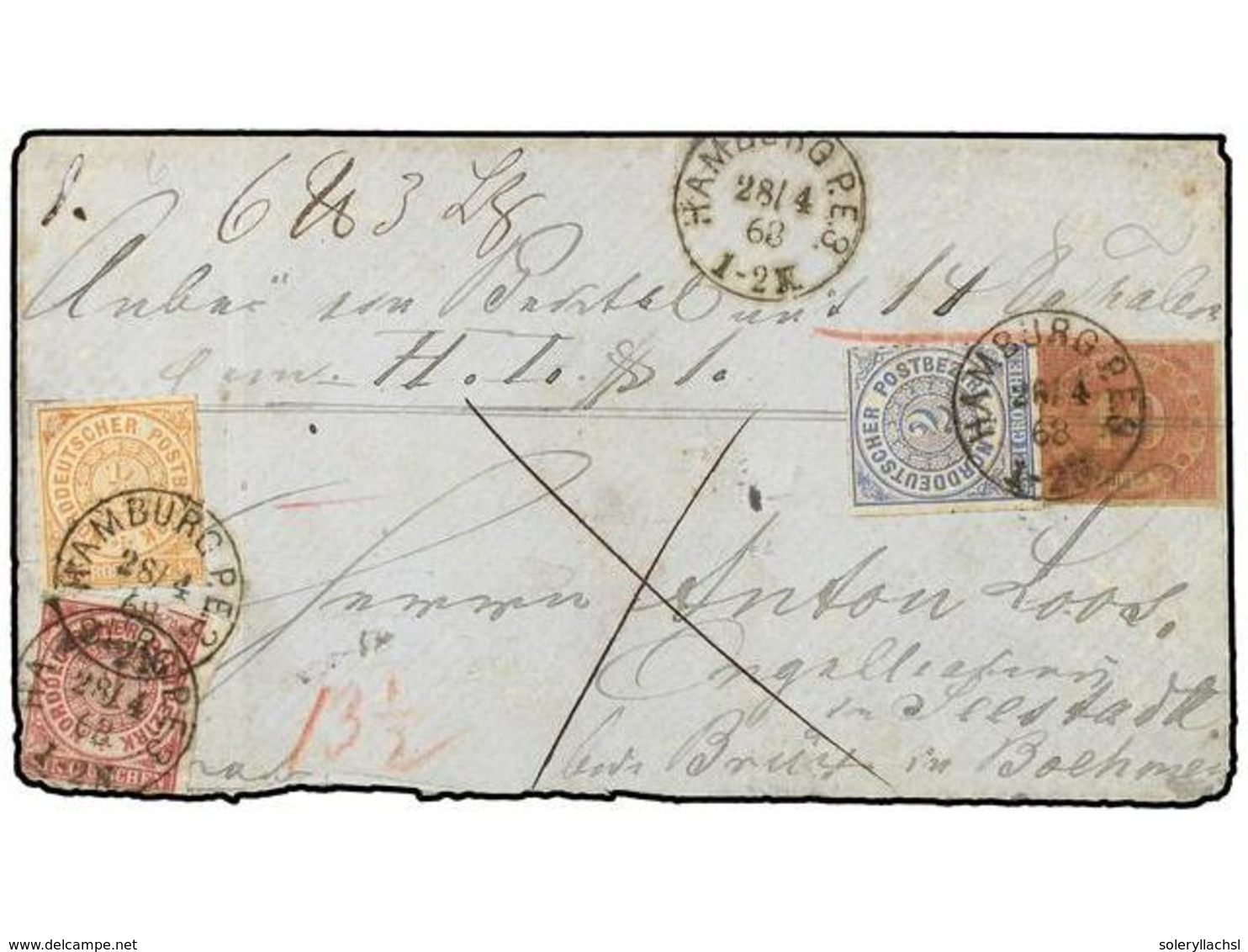 2460 ALEMANIA ANTIGUOS ESTADOS: CONFEDERACION DEL NORTE. 1868 (April 28). Registered Cover From HAMBURG Bearing Four Col - Other & Unclassified