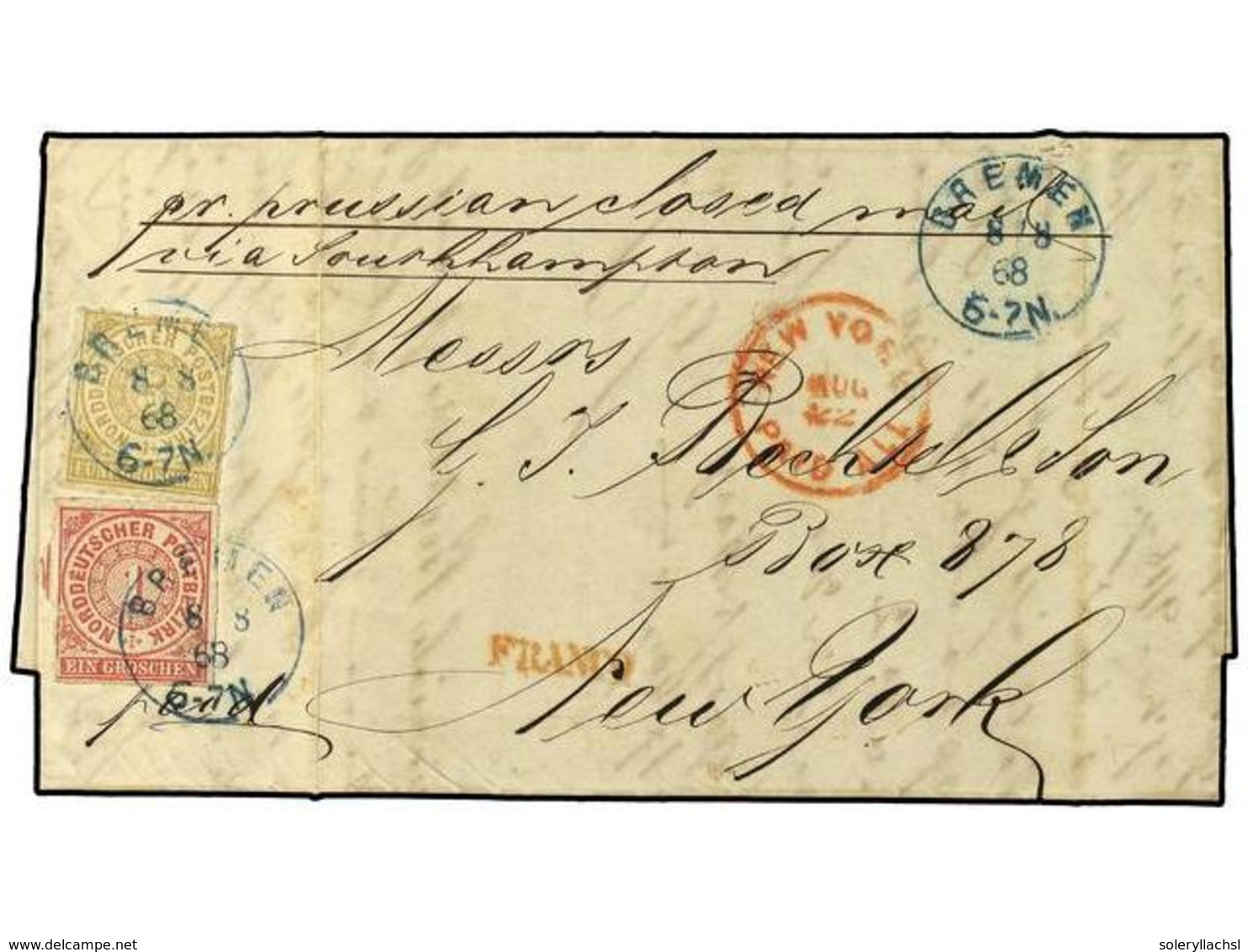 2461 ALEMANIA ANTIGUOS ESTADOS: CONFEDERACION DEL NORTE. 1868. Entire Letter From Bremen To New York Via Prussian Closed - Other & Unclassified