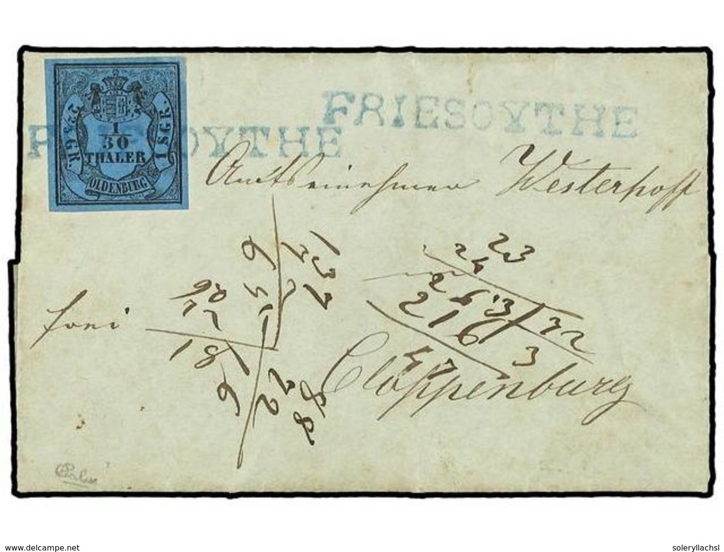 2469 ALEMANIA ANTIGUOS ESTADOS: OLDENBURGO. 1853 (Dec 28). Entire Letter To CLOPPENBURG Franked By 1852 <B>1/30 Thaler</ - Sonstige & Ohne Zuordnung