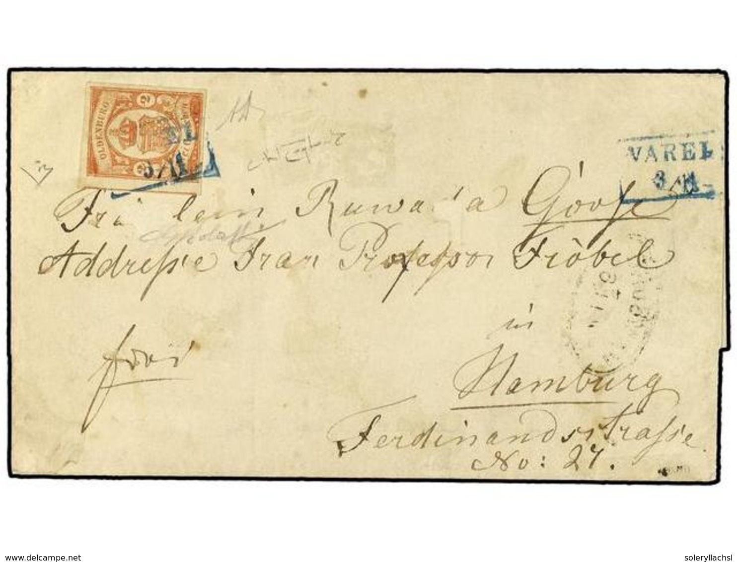 2470 ALEMANIA ANTIGUOS ESTADOS: OLDENBURGO. 1861 (Nov 3). Cover From Varel To Hamburg Bearing Fine Large Margined 1861 < - Sonstige & Ohne Zuordnung