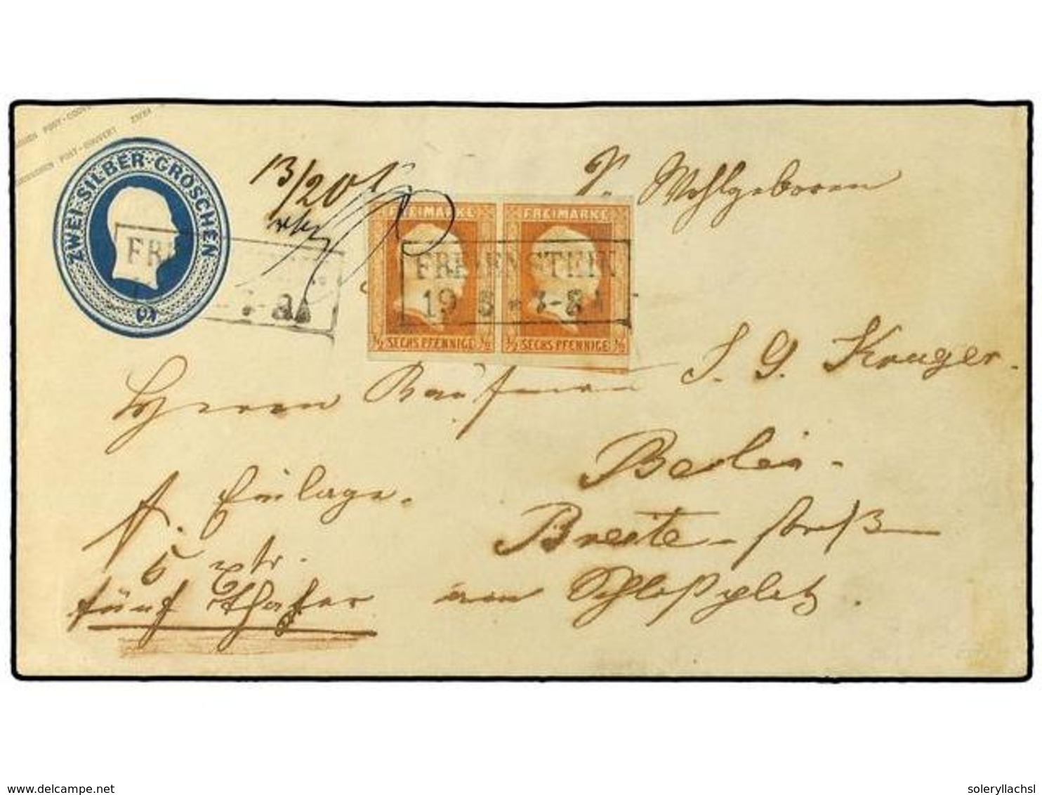 2473 ALEMANIA ANTIGUOS ESTADOS: PRUSIA. (1856 CA.). <B>2 Sgr</B> Deep Blue Postal Stationery Envelope Used To Berlin, Up - Other & Unclassified