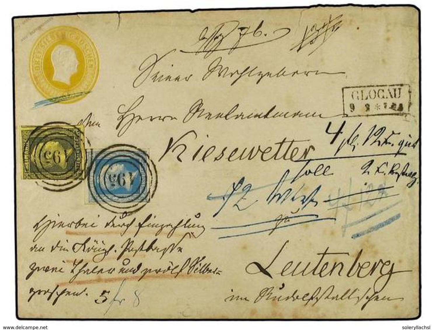 2477 ALEMANIA ANTIGUOS ESTADOS: PRUSIA. (1860 CA). <B>3sgr.</B> Yellow Large Format Stationery Envelope Used To Leutenbe - Andere & Zonder Classificatie
