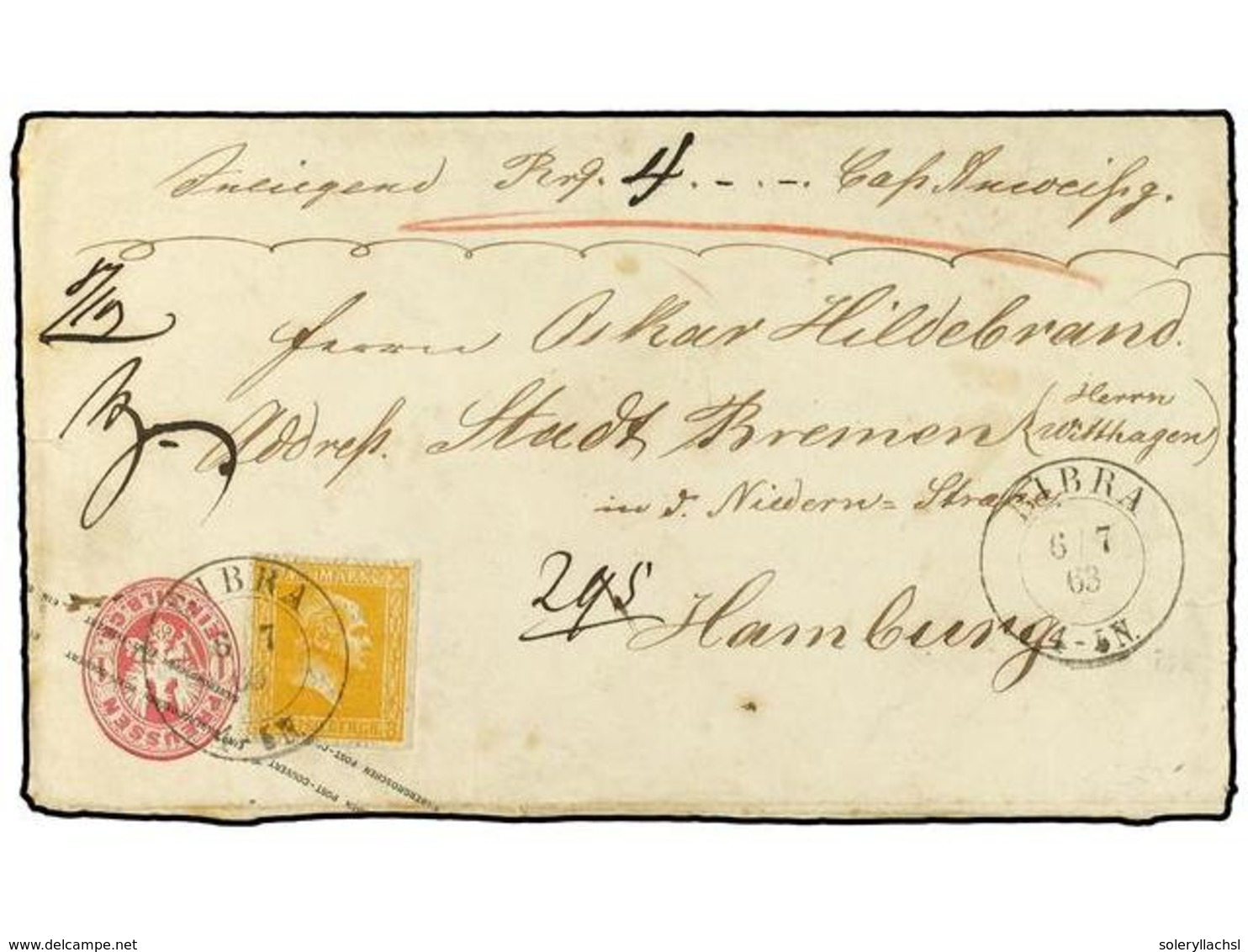 2479 ALEMANIA ANTIGUOS ESTADOS: PRUSIA. 1863 (July 6). <B>1 Sgr.</B> Rose Postal Stationery Envelope Used To Hamburg, Up - Sonstige & Ohne Zuordnung