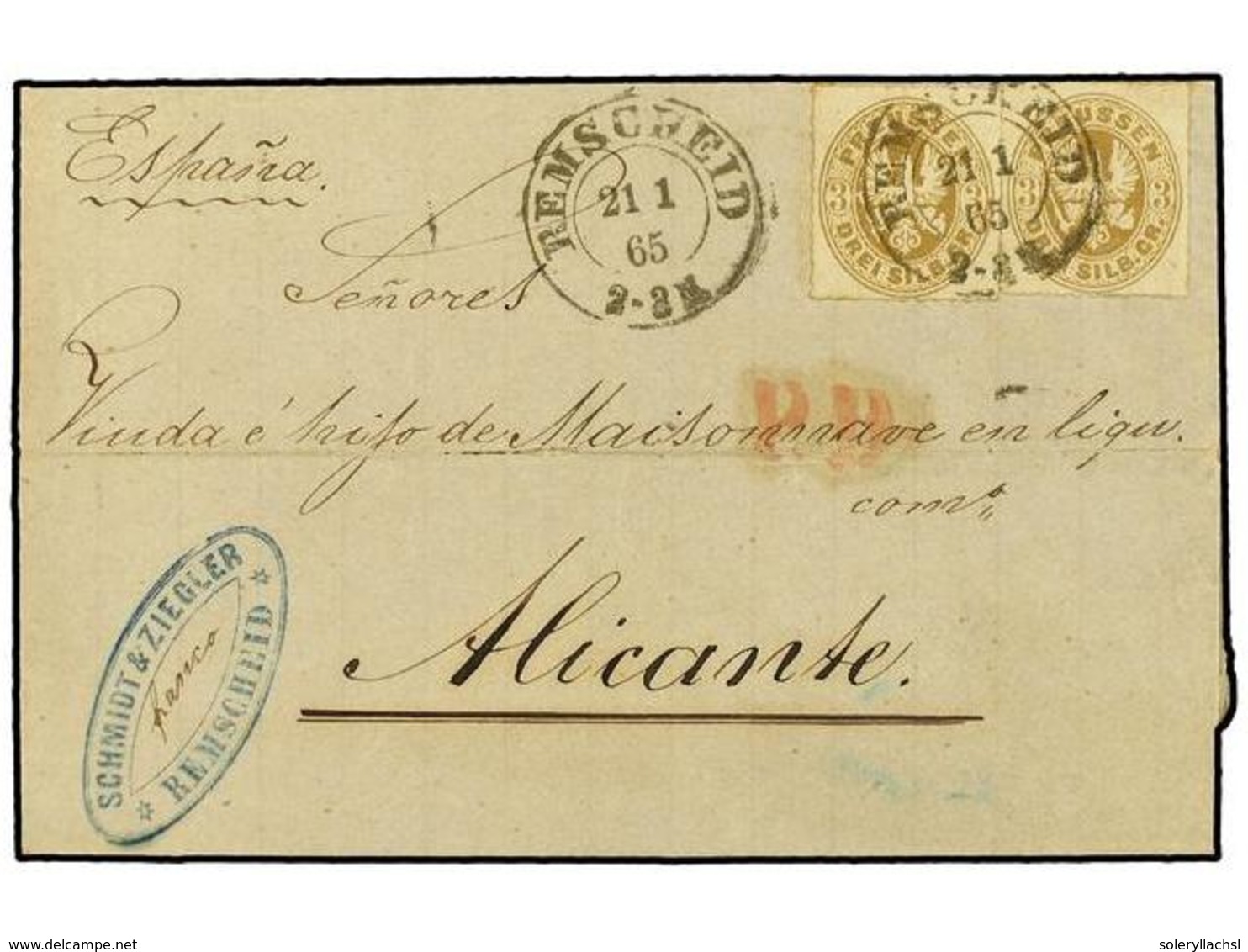 2481 ALEMANIA ANTIGUOS ESTADOS: PRUSIA. 1865 (Jan 21st). Cover From Remscheid To Alicante, SPAIN Bearing Two Rouletted 1 - Other & Unclassified