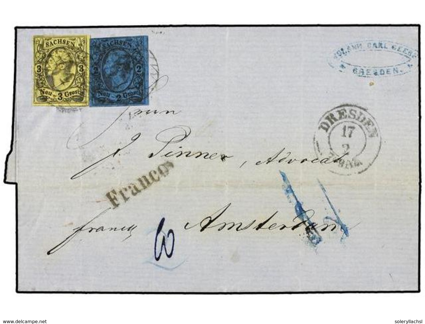 2487 ALEMANIA ANTIGUOS ESTADOS: SAJONIA. Sc.11, 12. 1858 (Feb. 17). Cover From DRESDEN To AMSTERDAM Franked By 1855-60 < - Sonstige & Ohne Zuordnung