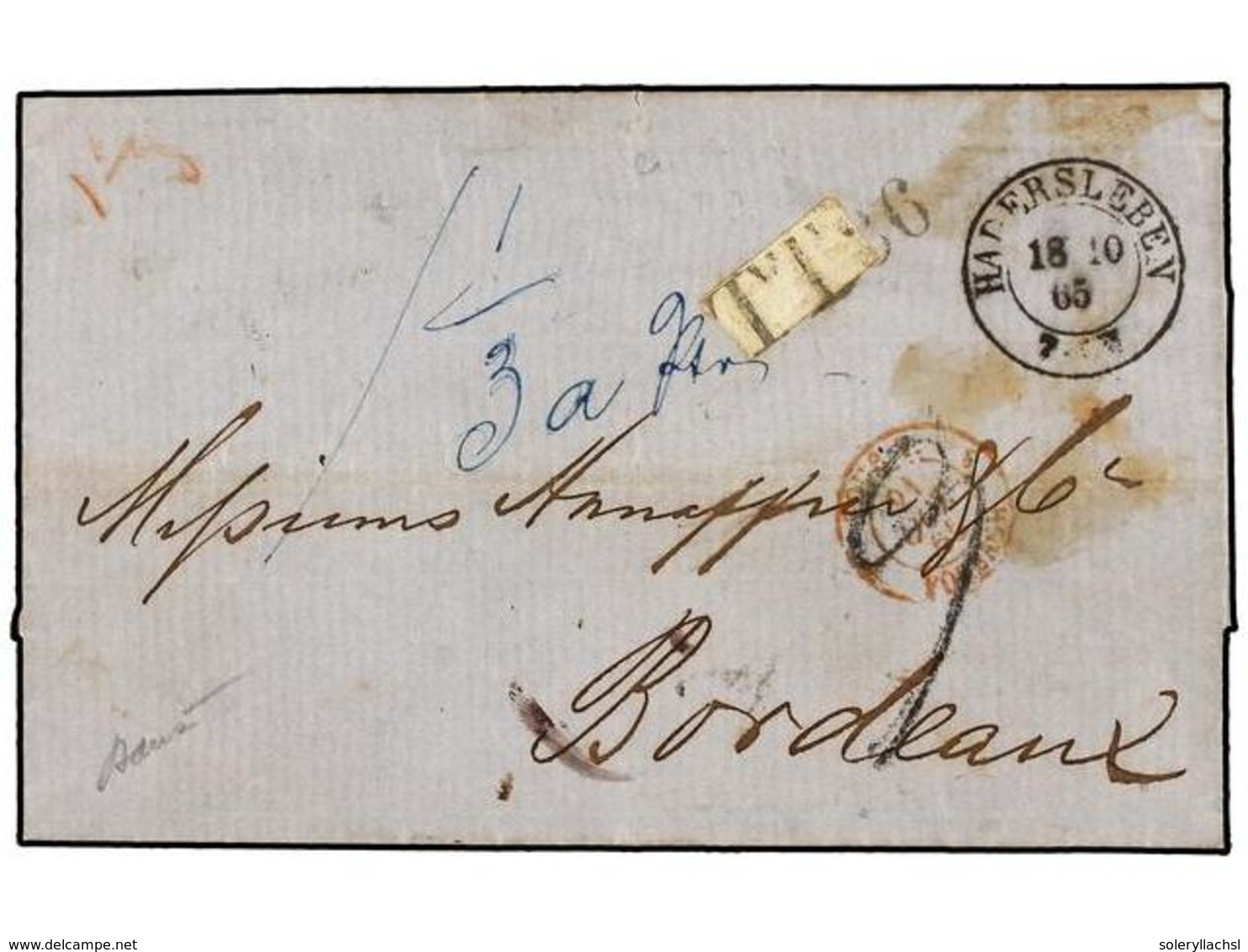 2490 ALEMANIA ANTIGUOS ESTADOS: SCHLESWIG-HOLSTEIN. 1865. HADERSLEBEN To FRANCE. Entire With <B>P.D.</B> Mark Rectified  - Other & Unclassified