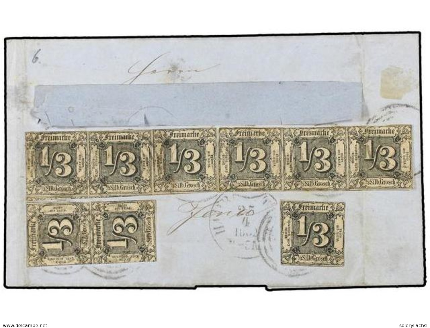 2492 ALEMANIA ANTIGUOS ESTADOS: TOUR Y TAXIS. 1858. <B>1/3 Sgr.</B> Black On Buff Paper, Nine Examples On Reverse Of Cov - Other & Unclassified
