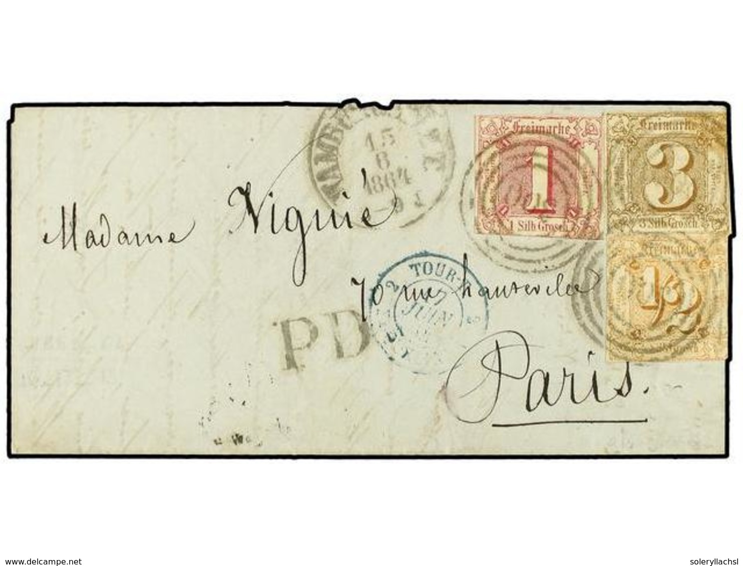 2494 ALEMANIA ANTIGUOS ESTADOS: TOUR Y TAXIS. 1864 (Aug 15). Cover To PARIS Franked By 1863 Imperf <B>1/2 Sgr.</B> Orang - Sonstige & Ohne Zuordnung