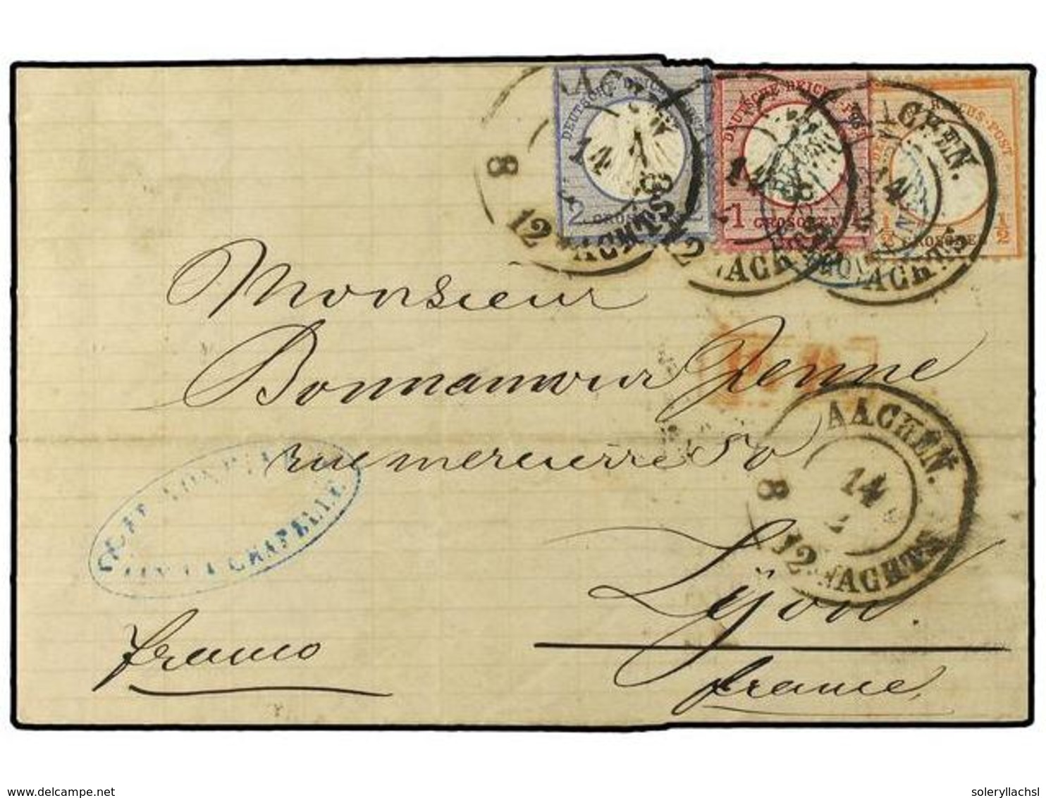 2534 ALEMANIA. 1872. Envelope To France Bearing Small Eagle <B>1/2 Gr</B> Orange (SG 3),<B> 1 Gr</B> Carmine (Sg 5) And  - Other & Unclassified