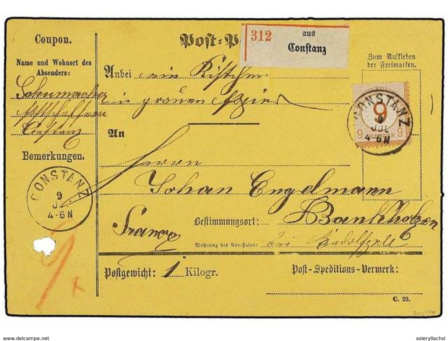 2538 ALEMANIA. 1874-75. Registered Parcel Receipt Coupon For 1 Kilogramme Packet, Bearing 1874 <B>9kr. On 9kr</B>. Brown - Sonstige & Ohne Zuordnung