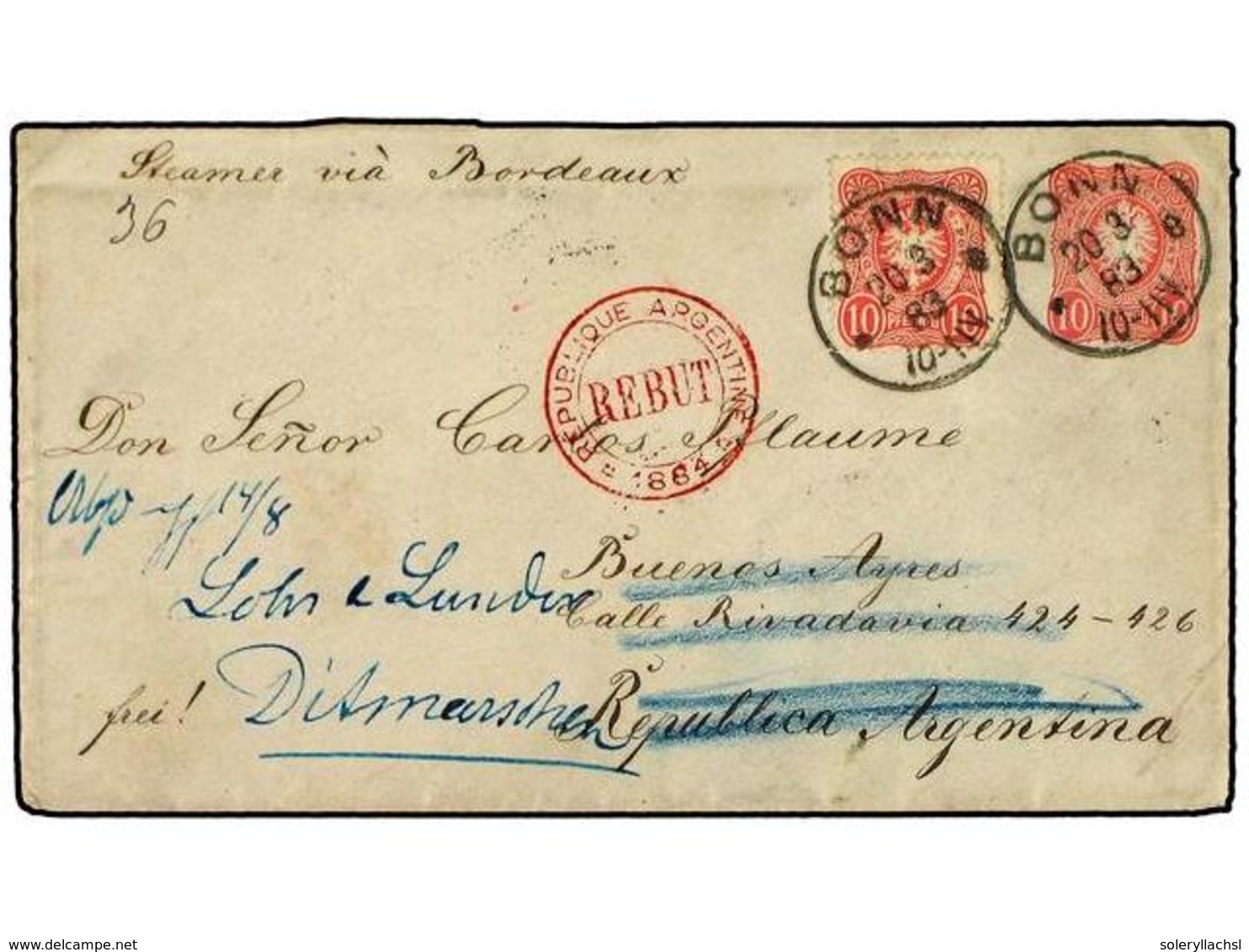 2541 ALEMANIA. 1883. <B>10 Pf.</B> Rose Stationery Envelope Used To ARGENTINA With 1880 <B>10 Pf.</B> Rose Tied By <B>BO - Sonstige & Ohne Zuordnung