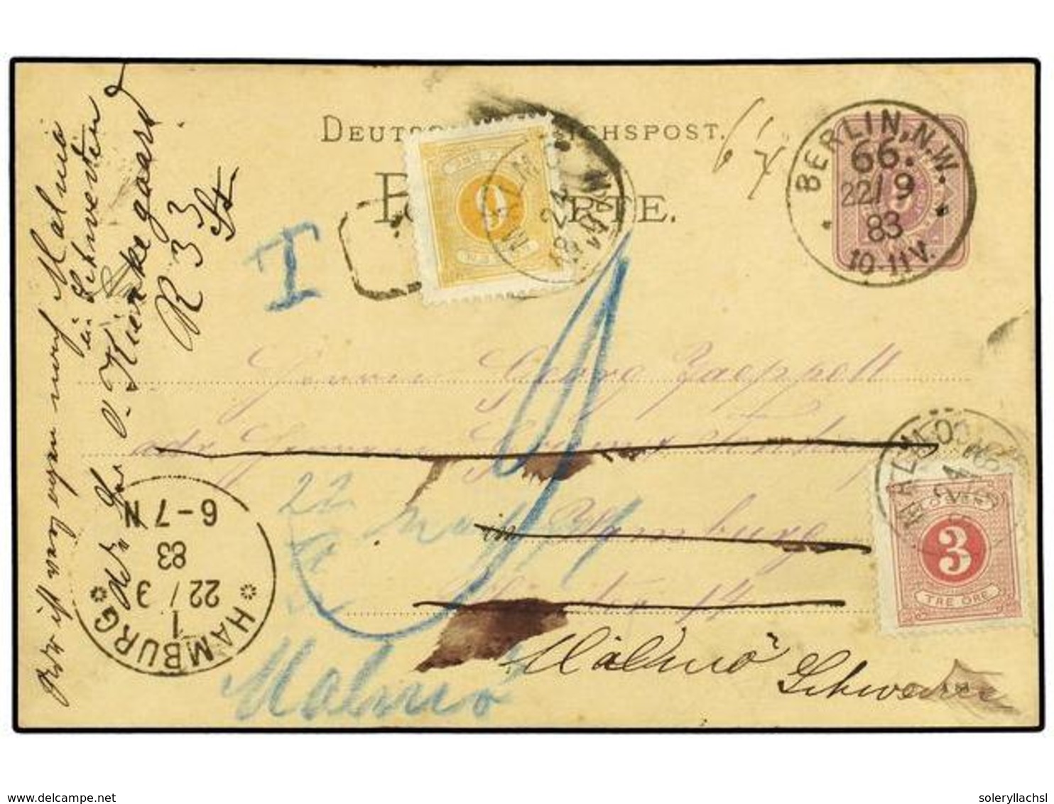 2542 ALEMANIA. 1883 (Sept 22). Germany <B>5pf.</B> Violet Stationery Card Used From BERLIN To HAMBURG, Re-addressed On A - Other & Unclassified