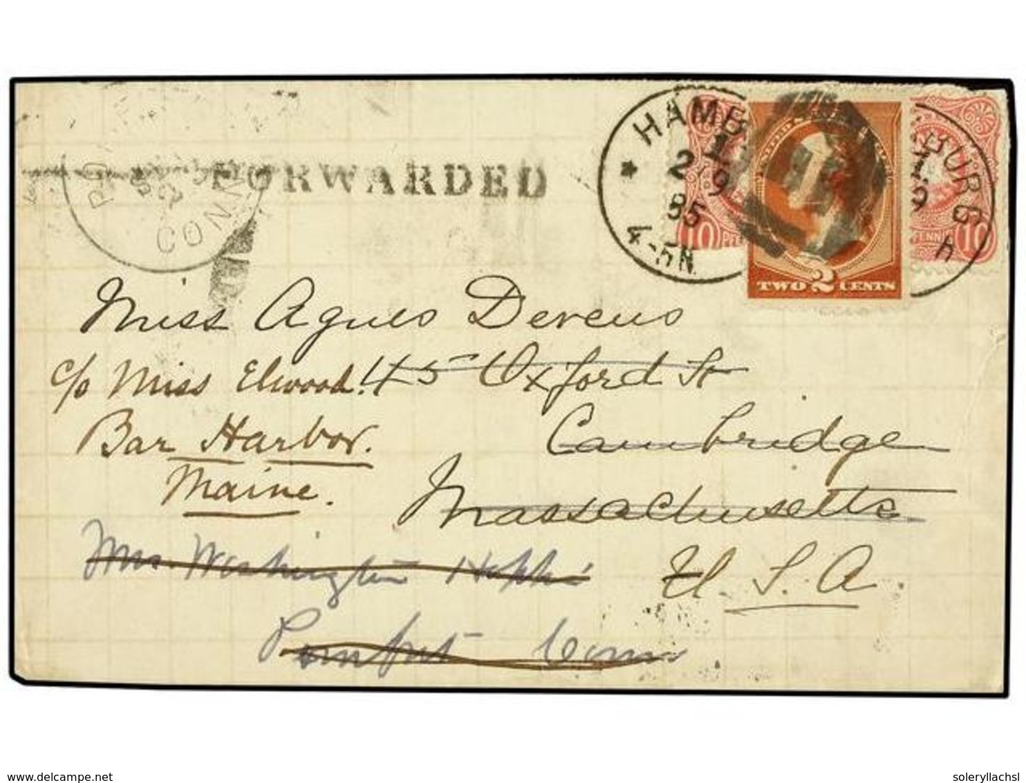 2544 ALEMANIA. 1885. HAMBURG To CAMBRIDGE (U.S.A.). <B>10 Pf.</B> Rose (one Stamp Contemporary Fault), Redirected To BAR - Other & Unclassified