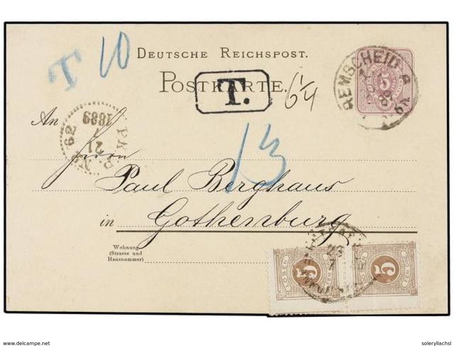 2547 ALEMANIA. 1889. REMSCHEID To SWEDEN. <B>5 Pf.</B> Postal Stationary Card Taxed On Arrival With Two <B>5 Ore</B> Swe - Other & Unclassified