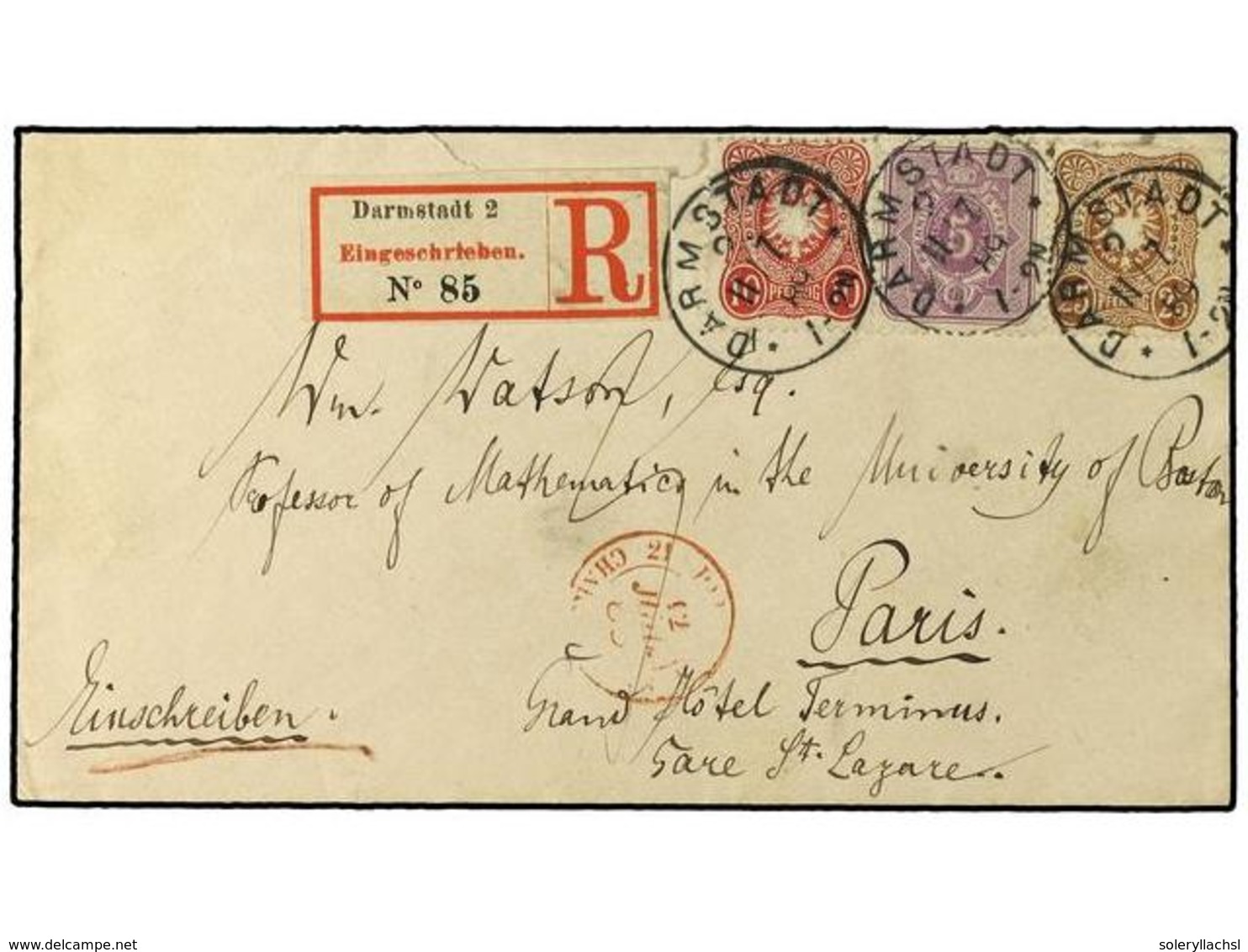 2548 ALEMANIA. 1889. Registered Envelope To France Bearing <B>5 Pf</B> Purple (SG 40), <B>10 Pf</B> Rose (SG 41) And <B> - Other & Unclassified