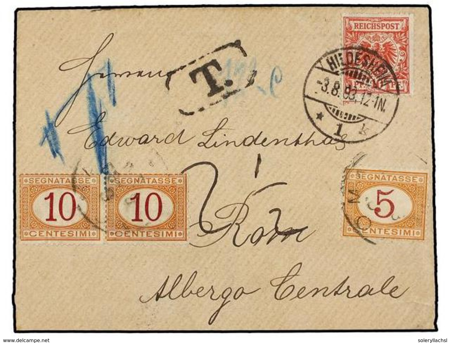 2552 ALEMANIA. 1893. HILDESHEIM To ROME. <B>10 Pf. </B>rose, Taxed On Arrival With Italian <B>5 Cts. </B>and <B>10 Cts.  - Other & Unclassified