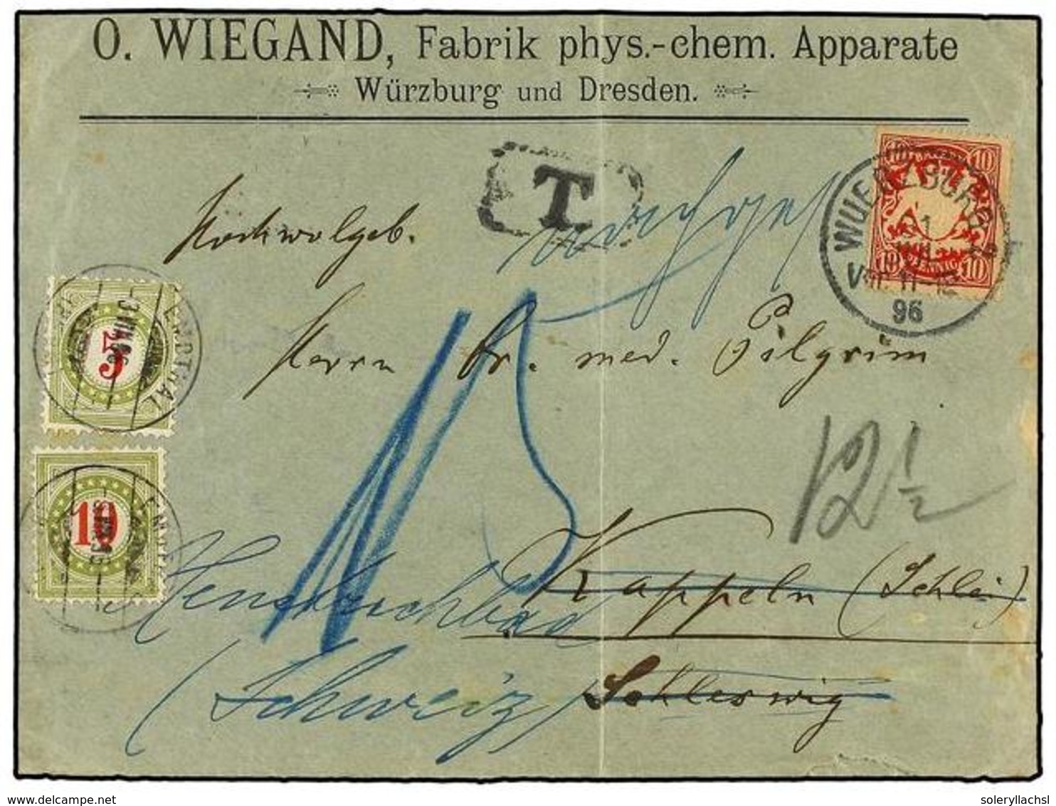 2553 ALEMANIA. 1896. WURZBURG To KAPPELN. <B>10 Pf.</B> Red Redirected To EMUTHAL (Switzerland) Taxed With Swiss <B>5 Ct - Other & Unclassified