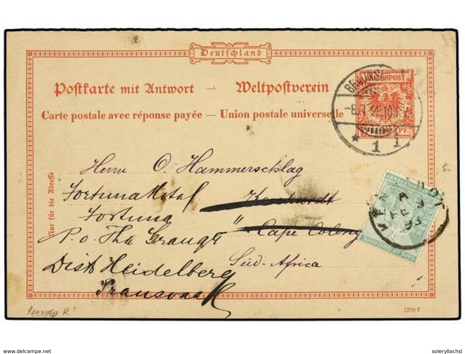 2555 ALEMANIA. 1898 (Jan 7). <B>10pf+10pf</B> Stationery Reply Cards Used From Braunschweig To Kenhardt, Cape Of Good Ho - Other & Unclassified