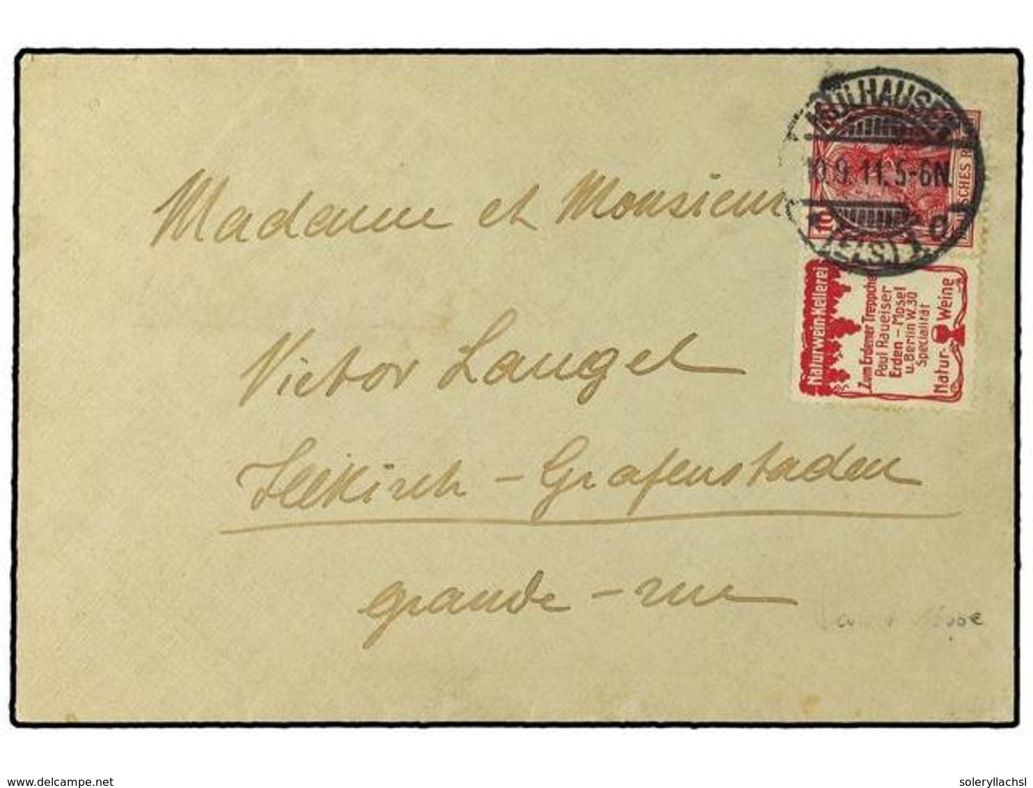 2558 ALEMANIA. 1911. Envelope To Alsace Bearing <B>10 Pf</B> Red With Se-tenant <B>NATURE WINE</B> Label Tied By <B>MULH - Sonstige & Ohne Zuordnung