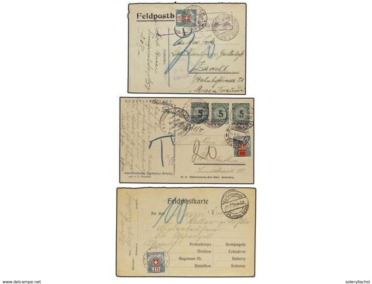 2559 ALEMANIA. 1915-24. 3 Military Cards With Swiss Postage Due Stamps. - Sonstige & Ohne Zuordnung