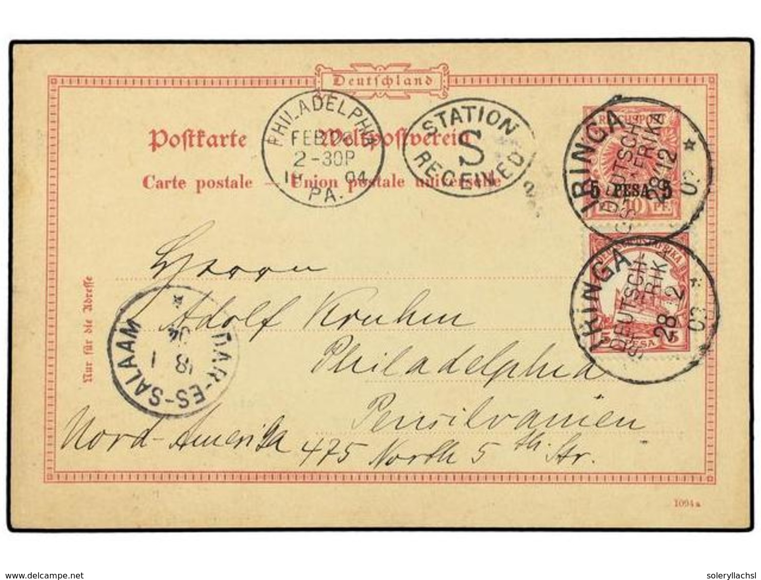 2564 AFRICA ORIENTAL ALEMANA. 1903 (Dec 28). <B>5pa.</B> On <B>Germany 10pf.</B> Carmine Postal Stationery Card Used To  - Sonstige & Ohne Zuordnung