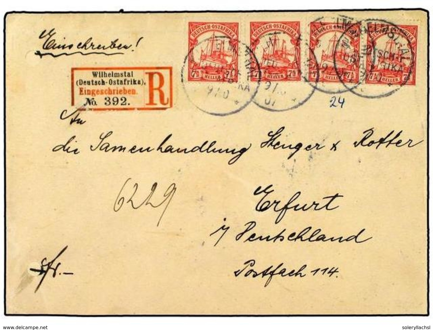 2565 AFRICA ORIENTAL ALEMANA. 1905. <B>7 1/2 H.</B> Carmine, Pair + Two Singles Tied By <B>WILHELMSTAL</B> Cds's On A Re - Other & Unclassified