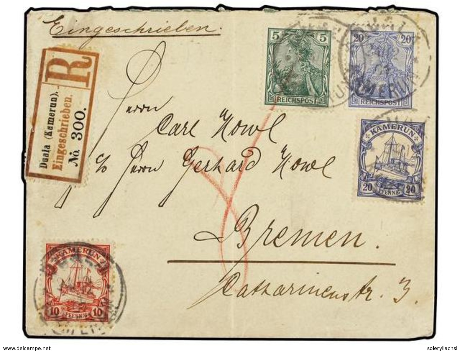 2566 CAMERUN: COLONIA ALEMANA. 1902. Registered Cover To BREMEN Franked With Mixed Franking Germany 1900 <B>5 Pf.</B> Gr - Sonstige & Ohne Zuordnung