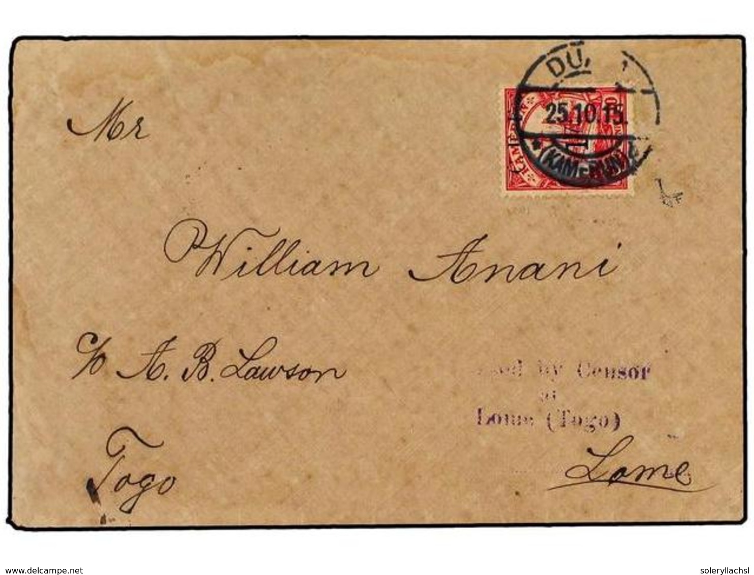 2567 CAMERUN: TERRITORIO BRITANICO. 1915 (Oct 25). Cover To LOME, Togo Franked By Single CEF <B>1 D.</B> On Kaiser Yacht - Sonstige & Ohne Zuordnung