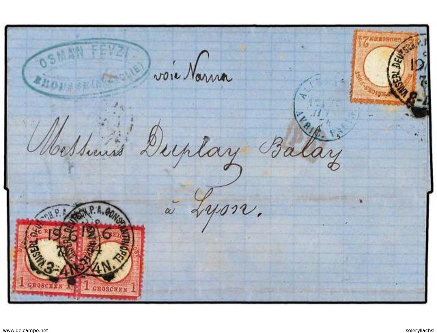 2569 LEVANTE: CORREO ALEMAN. 1874. OFF. TURKEY. Cover From BROUSSE-ANATOLIA To LYON, France Bearing <B>1 Gr.</B> Pair An - Other & Unclassified