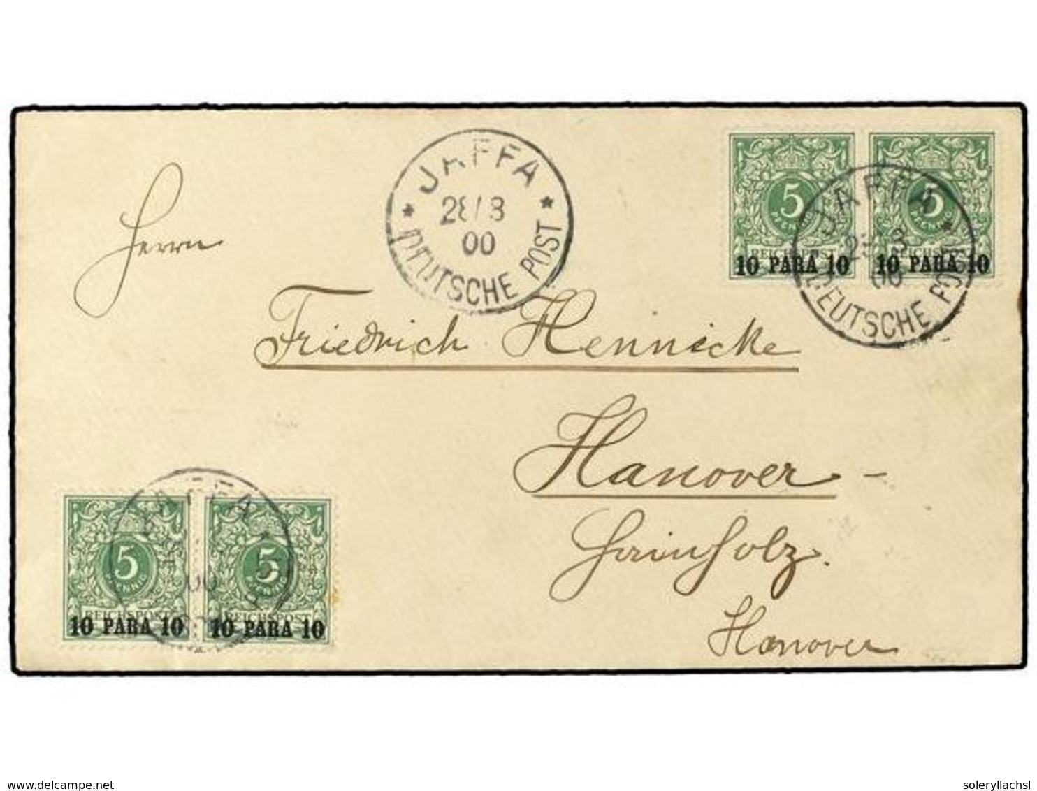 2571 LEVANTE: CORREO ALEMAN. 1900. Envelope To HANNOVER Franked Two Pairs<B> 10 Para</B> On <B>5 Pf.</B> Tied By <B>JAFF - Other & Unclassified