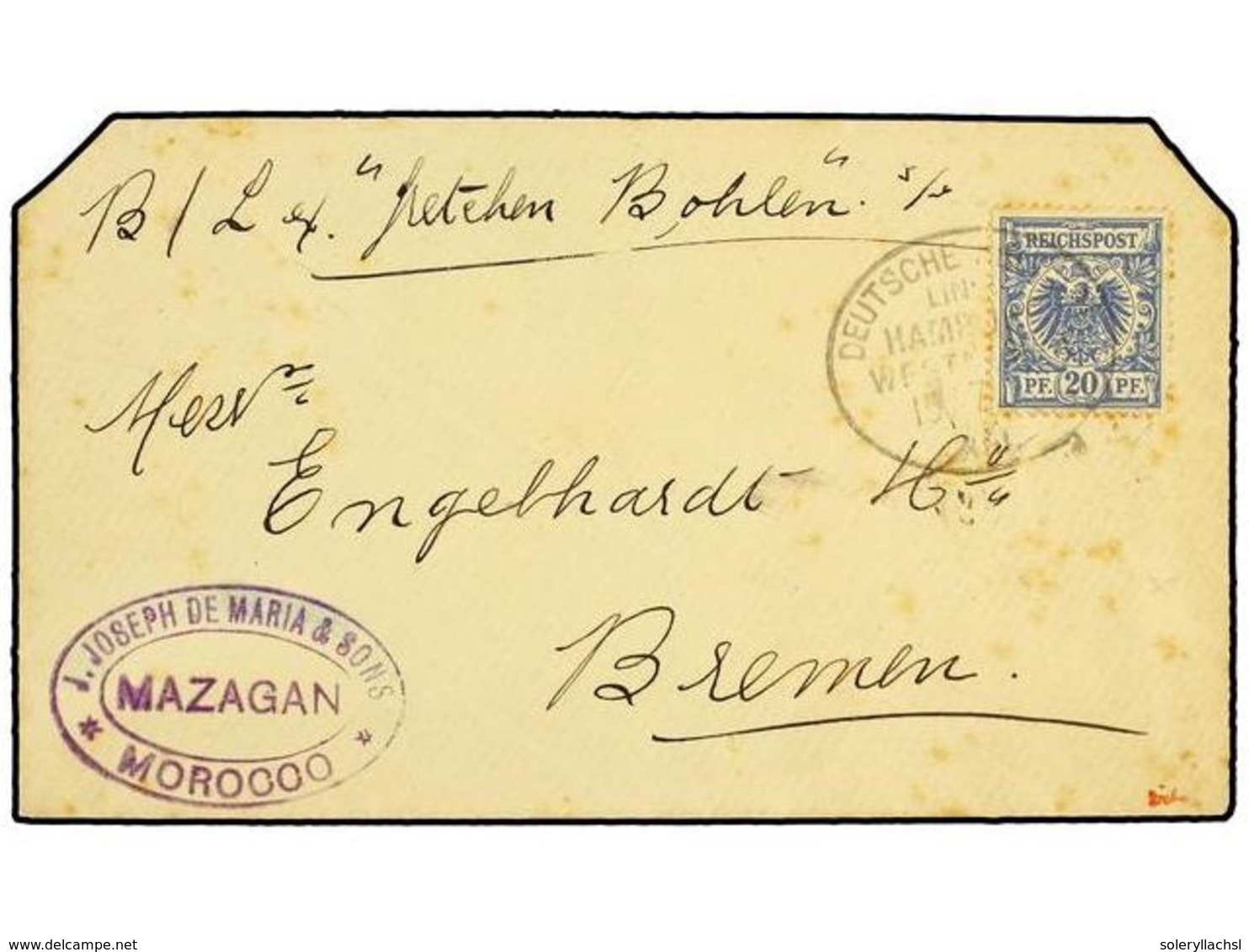 2574 MARRUECOS ALEMAN. 1898 (July 15). Cover From MAZAGAN To BREMEN With Toned <B>20pf.</B> Ultramarine Tied By Oval <B> - Other & Unclassified