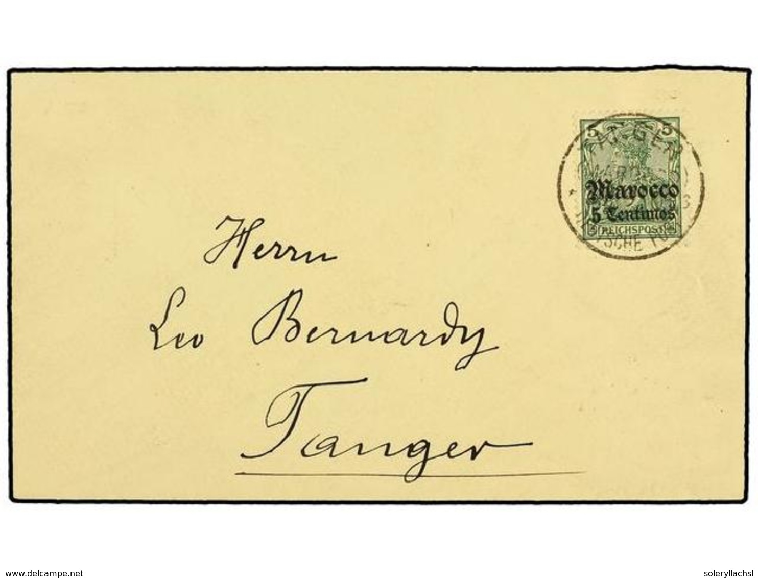 2575 MARRUECOS ALEMAN. 1905 (Sept 30). Local Cover Bearing Single <B>5cs. On 5pf.</B> Deep Green Tied By <B>TANGER/DEUTS - Sonstige & Ohne Zuordnung